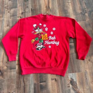 Vintage 90s Bah Humbug Duck Christmas Crewneck Sweatshirt Red Puff Large USA